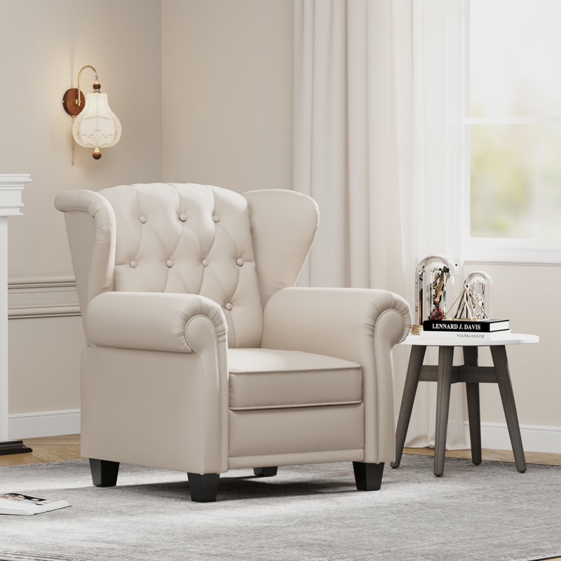 Beige tufted push back armchair modern adjustable leather chair with wood legs for bedroom small living spaces